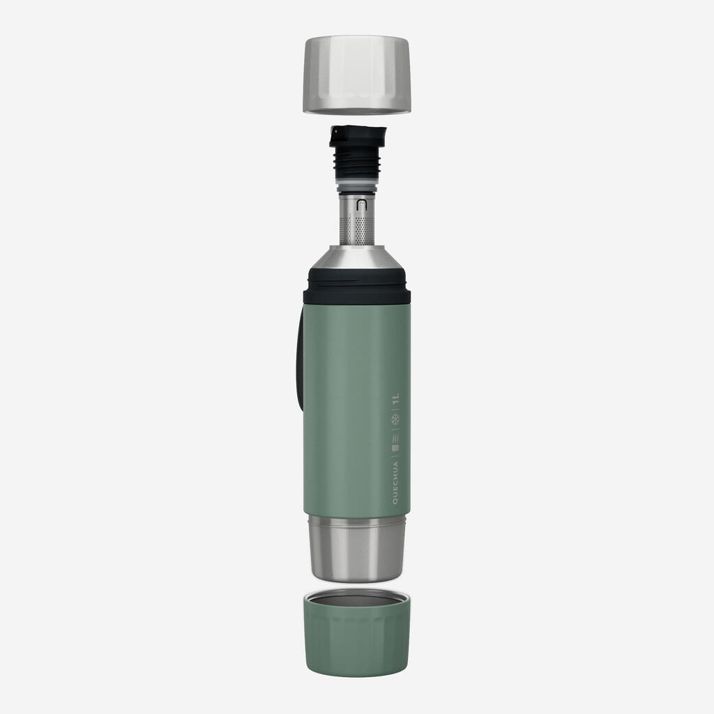 1 L insulated stainless steel bottle with tea filter, for hiking and camping